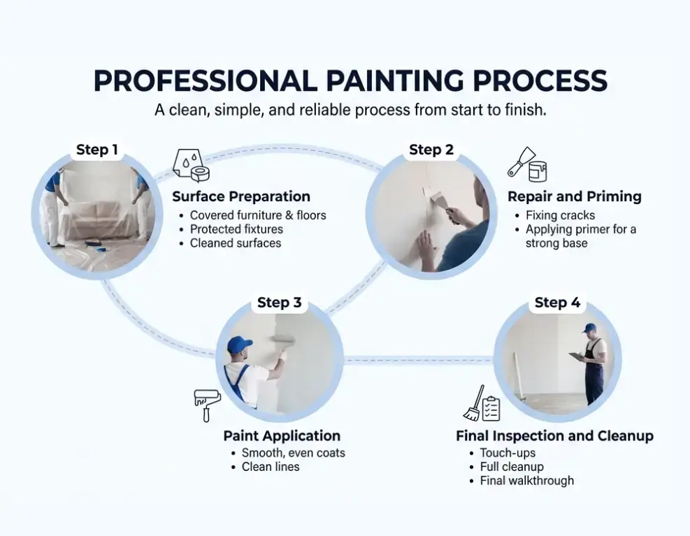 V4 Painting LLC four‑step painting process – surface prep, repair and prime, paint application, clean up