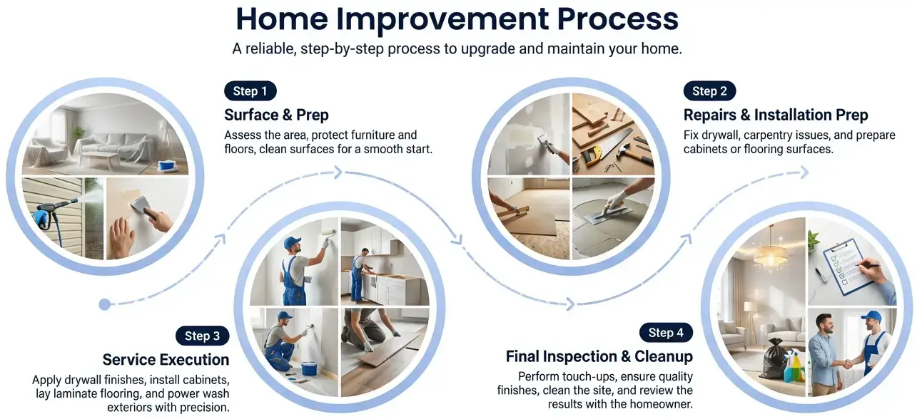 V4 Painting LLC four‑step painting process – surface prep, repair and prime, paint application, clean up