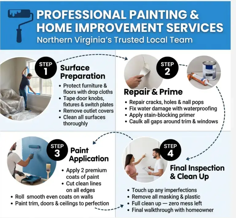 V4 Painting LLC four‑step painting process – surface prep, repair and prime, paint application, clean up